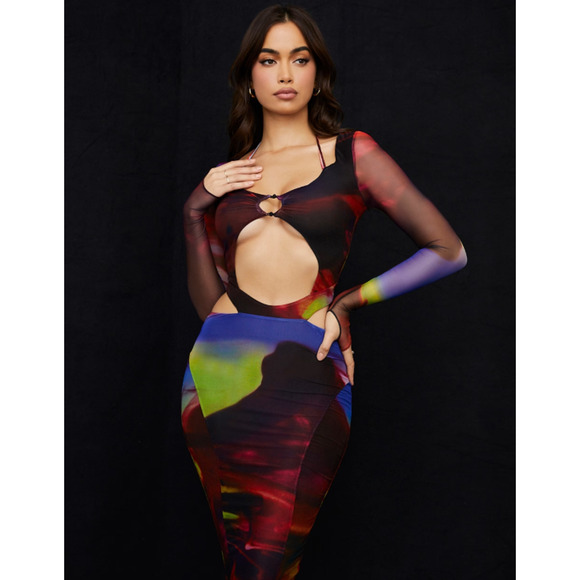NWT $209 HOUSE OF CB LONDON Marina Printed Cut Out Midi Dress Party - Size XS - Picture 1 of 12